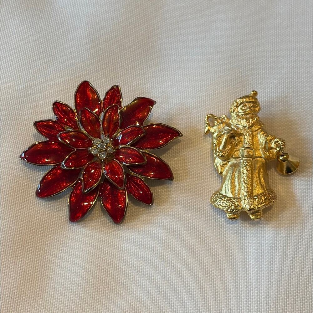 Lot of 2 Vintage Gold Tone Christmas Brooch Pins Poinsetia and Santa with Bell